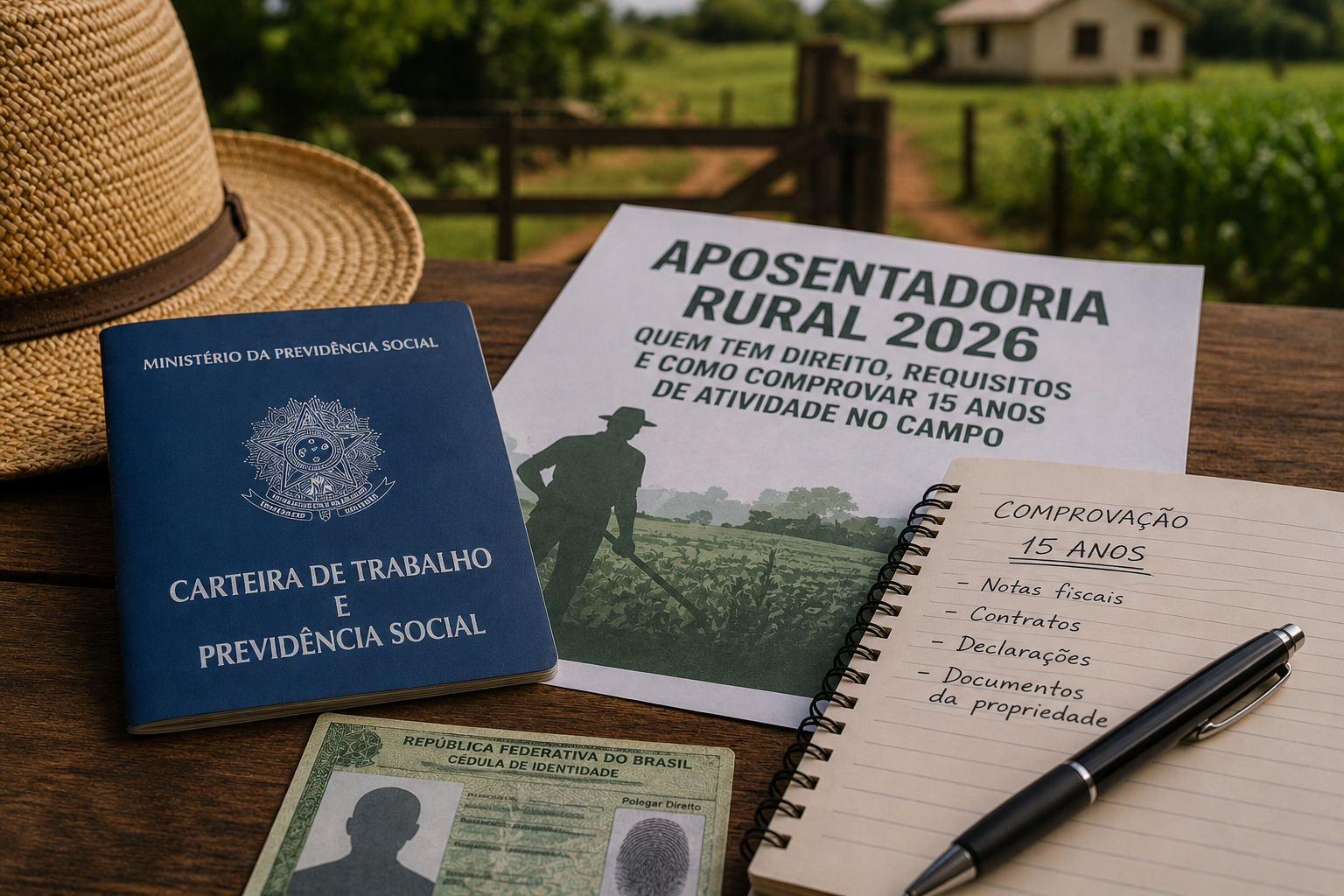 Aqui vão sugestões de texto alternativo (alt text) para as imagens desse post — já com a frase-chave "aposentadoria rural" incluída, como o Yoast pede: Imagem destacada (a que aparece no topo/compartilhamento): Trabalhador rural com as mãos calejadas, símbolo da comprovação para aposentadoria rural